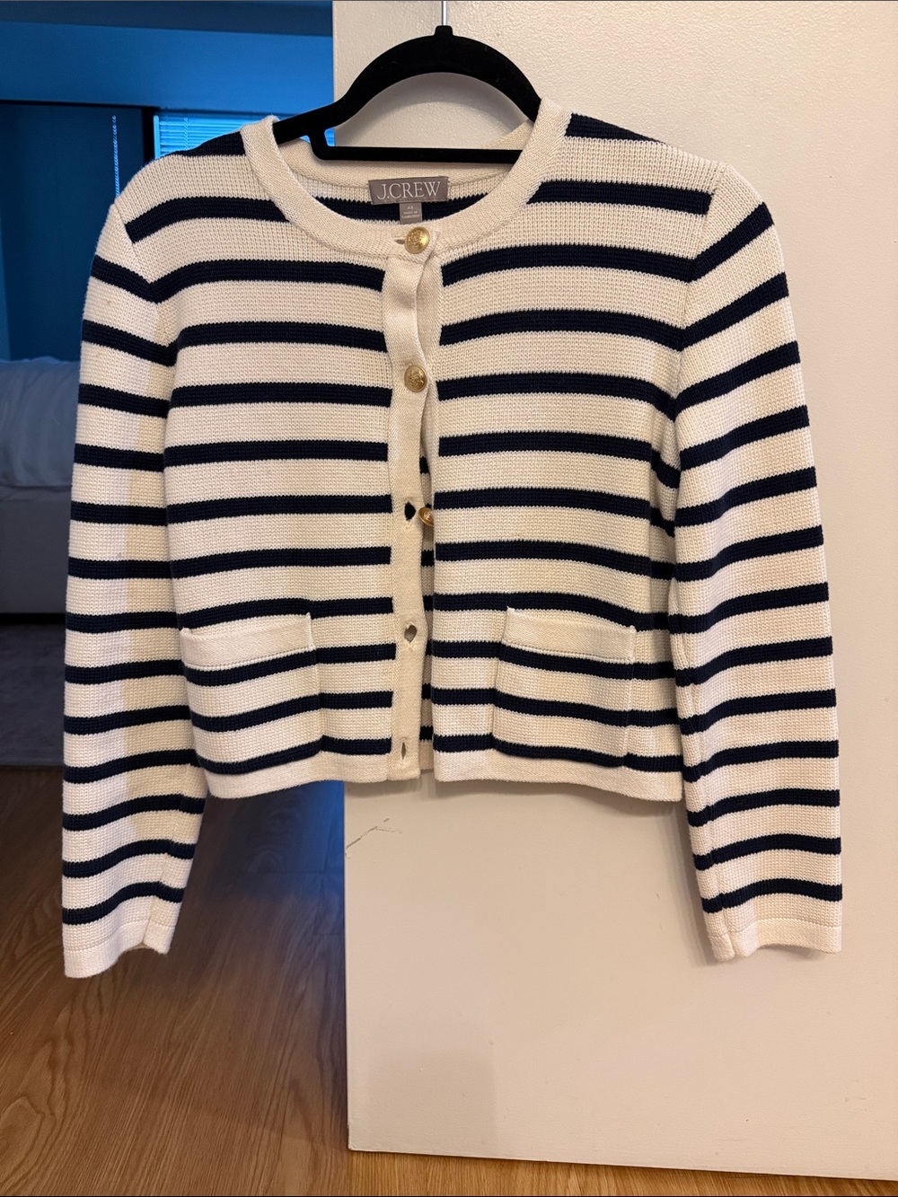 J. Crew Cream and Navy Striped Button-Front Cardigan